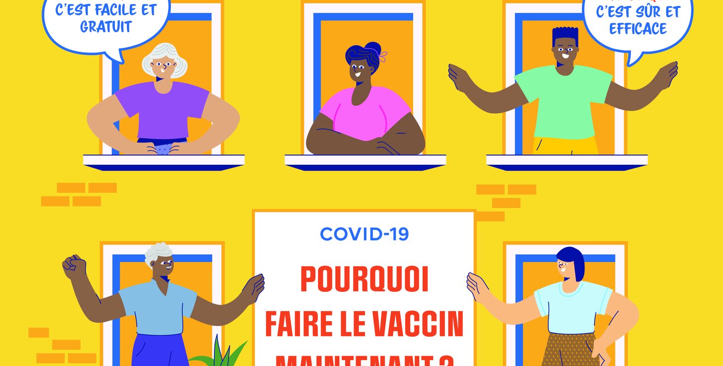 Dessin représentant des personnes avec des bulles qui donnent les bonnes raisons de se faire vacciner.